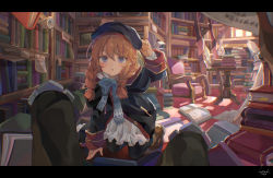 Rule 34 | 1girl, beret, black coat, black hat, black pantyhose, blue bow, blue eyes, blush, book, book stack, bookshelf, bow, braid, brown hair, coat, commentary request, dress, hair between eyes, hat, highres, hood, hood down, hooded coat, indoors, letterboxed, library, long sleeves, oil lamp, open mouth, pantyhose, princess connect!, shoes, signature, solo, sunlight, twin braids, watayuki tomoya, white dress, window, yuni (princess connect!)