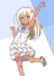 Rule 34 | 1girl, alternate costume, ano hi mita hana no namae wo bokutachi wa mada shiranai., arm up, armpits, bad id, bad pixiv id, blonde hair, blue background, blue eyes, blush, clenched hand, cosplay, dress, flower, hair flower, hair ornament, highres, honma meiko, honma meiko (cosplay), jumping, kantai collection, kayano ai, long hair, looking at viewer, nabeo, open mouth, ribbon, ro-500 (kancolle), see-through, see-through silhouette, simple background, smile, solo, standing, standing on one leg, tan, tanline, voice actor connection, waving, white background, white dress