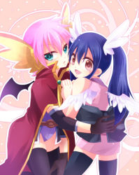 Rule 34 | 2girls, blue hair, cape, fairy tail, feathers, female focus, fuchise, gloves, leotard, meredy (fairy tail), multiple girls, pink hair, short hair, thighhighs, twintails, wendy marvell, wings