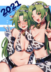 Rule 34 | 2021, 2girls, animal ears, animal print, bell, belt, belt buckle, bikini, bikini top only, black belt, black nails, blue background, blush, bracelet, breasts, buckle, chinese zodiac, cleavage, collar, commentary, cow ears, cow horns, cow print, cowbell, cowboy shot, dated, elbow gloves, embarrassed, english text, fake animal ears, fake horns, female focus, fur-trimmed gloves, fur trim, gloves, green eyes, green hair, hand on another&#039;s shoulder, headband, higurashi no naku koro ni, horns, jewelry, large breasts, long hair, looking at viewer, looking to the side, matching hair/eyes, multiple girls, nail polish, navel, neck bell, noriuma, one eye closed, open mouth, ponytail, short shorts, shorts, siblings, sisters, sonozaki mion, sonozaki shion, swimsuit, twins, two-tone background, v, white background, year of the ox