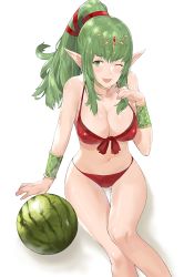 Rule 34 | 1girl, ;d, bikini, breasts, cleavage, female focus, fire emblem, fire emblem awakening, fire emblem heroes, food, front-tie bikini top, front-tie top, fruit, gluteal fold, green eyes, green hair, hair ribbon, high ponytail, j@ck, jewelry, large breasts, long hair, looking at viewer, matching hair/eyes, navel, necklace, nintendo, one eye closed, open mouth, pointy ears, ponytail, raised eyebrow, red bikini, red ribbon, ribbon, sitting, smile, solo, swimsuit, tiara, tiki (adult) (fire emblem), tiki (adult) (summer) (fire emblem), tiki (fire emblem), vambraces, watermelon, white background, wink