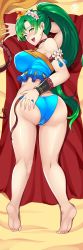 Rule 34 | 1girl, absurdres, ass, ass grab, bare shoulders, barefoot, bikini, blush, breasts, butt crack, cameltoe, come hither, deep skin, fire emblem, from behind, green eyes, green hair, highres, huge ass, large breasts, long hair, looking at viewer, looking back, lying, lyn (fire emblem), nintendo, on stomach, open mouth, ponytail, revolverwing, shiny clothes, shiny skin, sideboob, smile, solo, swimsuit, very long hair
