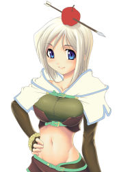Rule 34 | 1girl, apple, arrow (projectile), blue eyes, breasts, covered erect nipples, food, food as clothes, fruit, groin, hand on own hip, hunter, hunter (ragnarok online), large breasts, midriff, navel, ragnarok online, smile, solo, white hair, yn red