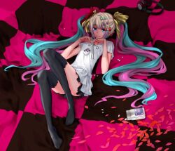 Rule 34 | 1girl, black ribbon, black thighhighs, blue eyes, blue hair, blue nails, bow, chouzetsusaikawa tenshi-chan, convenient leg, derivative work, dress, evandragon, full body, grey hair, hair bow, headphones, knees up, long hair, lying, multicolored hair, multicolored nails, multiple hair bows, neck ribbon, needy girl overdose, no shoes, on back, own hands together, parody, petals, pill, pill bottle, pink hair, quad tails, ribbon, short sleeves, smile, solo, thighhighs, very long hair, vocaloid, white dress, world is mine (vocaloid), yellow bow, yellow nails