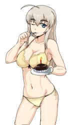 Rule 34 | 1girl, ahoge, blue eyes, bra, breasts, brown hair, candle, cleavage, collarbone, cowboy shot, cupcake, eating, female focus, fire, food, fork, groin, holding, holding plate, kunashiri (etorofu), large breasts, long hair, navel, one eye closed, panties, plate, solo, strike witches, underwear, underwear only, wilma bishop, world witches series, yellow bra, yellow panties