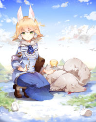 Rule 34 | 1girl, animal, animal ears, anmi, bag, bird, blonde hair, blue eyes, day, earrings, green eyes, jewelry, loafers, nature, original, outdoors, rabbit, rabbit ears, rabbit tail, shoes, short hair, shoulder bag, sky, solo, squatting, syringe, tail, traditional clothes, wolf