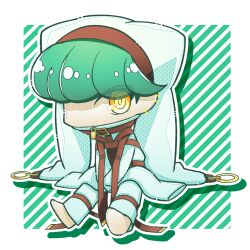 Rule 34 | 1boy, barefoot, belt, chibi, commentary request, earrings, eyes visible through hair, green background, green hair, hat, highres, jewelry, looking at viewer, mixed-language commentary, original, outline, sitting, sleeves past wrists, solo, straitjacket, two-tone background, user uhpj5274, white background, white outline, yellow eyes, zipper pull tab