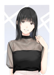 Rule 34 | 1girl, black hair, blouse, brown eyes, facing viewer, grin, hand up, highres, long hair, looking at viewer, nayuta69, original, see-through, see-through sleeves, shirt, shirt tucked in, skirt, smile, solo, upper body, white shirt, white skirt