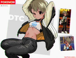 Rule 34 | 1girl, alternate costume, arms behind back, black pants, brown hair, closed mouth, commentary, copyright name, creatures (company), dotsuco, eyelashes, game freak, gloria (pokemon), half-closed eye, jacket, looking at viewer, midriff, navel, nintendo, open clothes, open jacket, pants, pokemon, pokemon swsh, reference inset, short hair, smile, solo
