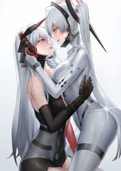 Rule 34 | 2girls, absurdres, bodysuit, breasts, commentary request, cross-shaped pupils, floating hair ornament, for-miku, grey bodysuit, grey hair, hand on another&#039;s back, hand on another&#039;s chin, hand on another&#039;s head, headgear, highres, large breasts, long hair, lucia: crimson abyss (punishing: gray raven), luna: laurel (punishing: gray raven), luna (punishing: gray raven), mechanical arms, multiple girls, punishing: gray raven, red eyes, sleeveless, sleeveless bodysuit, symbol-shaped pupils, twintails, very long hair, yellow eyes, yuri