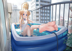 Rule 34 | 1girl, abigail williams (fate), abigail williams (swimsuit foreigner) (fate), absurdres, bad anatomy, balcony, bare shoulders, barefoot, blonde hair, blue eyes, braid, braided bun, breasts, building, collarbone, double bun, dress swimsuit, eyebrows, fate/grand order, fate (series), feet, female focus, foot focus, forehead, foreshortening, full body, hair bun, hat, highres, keyhole, legs, long hair, looking at viewer, mitre, one-piece swimsuit, open mouth, outdoors, parted bangs, perspective, shiny skin, shiro ami, sidelocks, sitting, skyscraper, small breasts, soles, solo, swimsuit, toenails, toes, twintails, very long hair, wading pool, water, wet, white hat, white one-piece swimsuit
