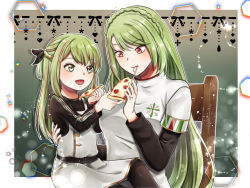 Rule 34 | 2girls, absurdres, artist request, azur lane, black pantyhose, black ribbon, black shirt, commentary, commission, dress, eating, english commentary, food, green eyes, green hair, hair ribbon, highres, holding, holding food, holding pizza, italian flag print, jewelry, littorio (azur lane), long sleeves, mother and daughter, multicolored hair, multiple girls, pantyhose, pizza, red eyes, ribbon, ring, sardegna empire (emblem), shirt, short sleeves, sitting, sitting on person, suspenders, wedding ring, white dress, white shirt
