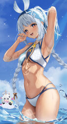 Rule 34 | 2girls, :d, @ @, absurdres, armpits, bare shoulders, bikini, blue hair, blue headband, blue nails, braid, breasts, fish-shaped pupils, genshin impact, grey hair, headband, highres, long hair, looking at viewer, low twin braids, medium breasts, melvis, mualani (genshin impact), multiple girls, open mouth, outdoors, paimon (genshin impact), red eyes, smile, swimsuit, symbol-shaped pupils, tattoo, tribal tattoo, twin braids, wading, white bikini, yellow nails