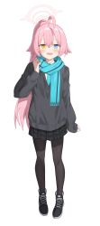 Rule 34 | 1girl, absurdres, ahoge, black footwear, black pantyhose, blue archive, blue eyes, blue scarf, blush, commentary request, faldeus, full body, grey jacket, halo, hand up, heterochromia, highres, hoshino (blue archive), jacket, long hair, long sleeves, looking at viewer, open mouth, pantyhose, pink hair, pink halo, plaid, plaid skirt, pleated skirt, ponytail, scarf, simple background, skirt, sleeves past wrists, smile, solo, standing, sweatdrop, variant set, white background, yellow eyes