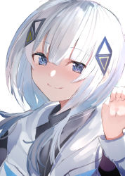 Rule 34 | 1girl, absurdres, black shirt, blue eyes, cevio, commentary, hair ornament, hand up, highres, jacket, kafu (cevio), looking at viewer, poono, shirt, short hair, smile, solo, upper body, white background, white hair, white jacket
