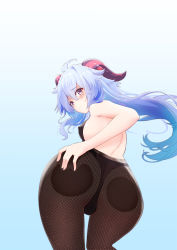 Rule 34 | 1girl, absurdres, against fourth wall, against glass, ahoge, artist request, ass, ass grab, ass press, bare shoulders, blue hair, blush, bodysuit, breasts, cameltoe, deep skin, embarrassed, from behind, ganyu (genshin impact), genshin impact, goat horns, highres, horns, huge ass, leotard, long hair, looking at viewer, looking back, pantyhose, purple eyes, shiny clothes, shiny skin, sideboob, solo, very long hair