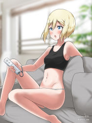 Rule 34 | 1girl, bare shoulders, black tank top, blonde hair, blue eyes, blush, breasts, collarbone, couch, covered erect nipples, erica hartmann, highres, indoors, miyu (lovesickness), navel, on couch, open mouth, panties, shiny skin, short hair, sitting, small breasts, solo, strike witches, sweat, tank top, underwear, underwear only, white panties, world witches series