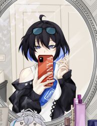 Rule 34 | 1girl, absurdres, ahoge, black-framed eyewear, black hair, blue hair, breasts, bronya zaychik, cellphone, character doll, commentary request, covered mouth, door, eyewear on head, hair between eyes, hands up, highres, holding, holding phone, honkai (series), honkai impact 3rd, indoors, long sleeves, mirror, multicolored hair, phone, puffy long sleeves, puffy sleeves, purple eyes, reflection, seele vollerei, selunatic iv, shirt, sleeves past wrists, small breasts, solo, two-tone hair, white shirt