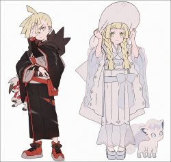 Rule 34 | 1boy, 1girl, adapted costume, ahoge, alolan form, alolan vulpix, black kimono, blonde hair, blunt bangs, bracelet, braid, brother and sister, commentary request, creatures (company), ear piercing, game freak, gen 7 pokemon, gladion (pokemon), green eyes, hair over one eye, hakusai (tiahszld), hand up, hands on headwear, hat, japanese clothes, jewelry, kimono, lillie (pokemon), long hair, lycanroc, lycanroc (midnight), nintendo, piercing, pokemon, pokemon (anime), pokemon (creature), pokemon sm (anime), red footwear, shoes, short hair, siblings, sun hat, twin braids, z-ring