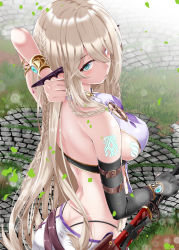 Rule 34 | 1girl, ass, back, backless dress, backless outfit, blonde hair, blush, bracer, breasts, dress, elf, highres, katana, large breasts, long hair, looking at viewer, looking back, original, pointy ears, sheath, shirosuzu, sideboob, solo, sword, weapon, white dress