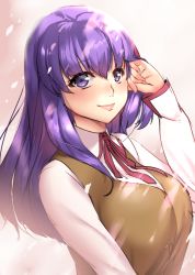 Rule 34 | 1girl, adjusting hair, bad id, bad pixiv id, blouse, breasts, cherry blossoms, fate/stay night, fate (series), gradient background, homurahara academy school uniform, large breasts, lips, long hair, long sleeves, matou sakura, pantsu (lootttyyyy), pink lips, purple eyes, purple hair, red ribbon, ribbon, school uniform, shirt, solo, tan vest, upper body, vest, white shirt