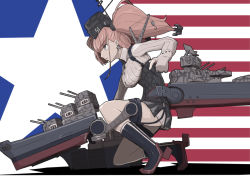 Rule 34 | 1girl, american flag, anchor hair ornament, atlanta (kancolle), boushi-ya, breasts, brown hair, camouflage, camouflage skirt, earrings, from side, full body, garrison cap, garter straps, gloves, hair ornament, hat, headgear, high-waist skirt, jewelry, kantai collection, long hair, partially fingerless gloves, profile, rigging, single earring, skirt, solo, star (symbol), star earrings, twintails, two side up