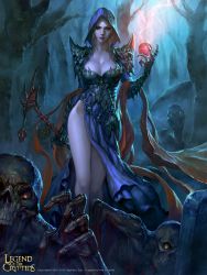 Rule 34 | 1girl, armor, armored dress, bare legs, blonde hair, blood, blue dress, blue eyes, breastplate, breasts, cleavage, company name, copyright name, dated, dress, expressionless, fantasy, forest, gauntlets, glowing, glowing eyes, gown, highres, hip bones, hood, large breasts, legend of the cryptids, lips, looking at viewer, magic, nature, night, no panties, orb, outdoors, ozma, pauldrons, shawl, shoulder armor, shoulder spikes, side slit, skull, solo, spikes, staff, standing, teeth, tombstone, tree, watermark, zombie