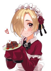 Rule 34 | 1girl, alternate costume, apron, black bow, black hairband, blonde hair, blush, bow, closed mouth, collared dress, commentary request, dress, eluthel, enmaided, eyeball, flower, frilled apron, frilled hairband, frills, hair flower, hair ornament, hair over one eye, hairband, heart, highres, holding, holding plate, idolmaster, idolmaster cinderella girls, long sleeves, looking at viewer, maid, maid apron, plate, red dress, red eyes, red flower, red rose, rose, shirasaka koume, short hair, simple background, skull, sleeves past fingers, sleeves past wrists, smile, solo, strap slip, twitter username, upper body, white apron, white background