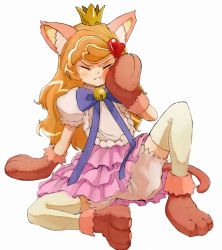 Rule 34 | 1girl, :t, animal ears, animal hands, anyamal tantei kirumin zoo, bad id, bad pixiv id, bell, bloomers, blush, bow, brown hair, cat, cat ears, cat paws, cat tail, crown, frown, hair ornament, heart, highres, long hair, mikogami riko, nyama, ribbon, solo, tail, tears, toothache, underwear