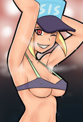 Rule 34 | 1girl, armpits, arms up, bare shoulders, bikini, blonde hair, blurry, blurry background, breasts, cleavage, collarbone, covered erect nipples, dancing, dripping, hat, lips, looking at viewer, original, red eyes, saberrung, short hair, sidelocks, small breasts, smile, sport girl (saberrung), steam, steaming body, stomach, sweat, swimsuit, teeth, underboob, wet