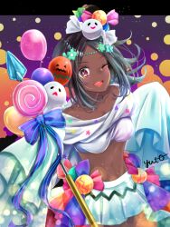 Rule 34 | 1girl, :d, balloon, bow, brown hair, candy hair ornament, crop top, dark-skinned female, dark skin, fire emblem, fire emblem engage, fire emblem heroes, flower, food-themed hair ornament, ghost hair ornament, hair flower, hair ornament, halloween costume, highres, holding, holding polearm, holding weapon, long sleeves, looking at viewer, midriff, navel, nintendo, official alternate costume, one eye closed, open mouth, polearm, red eyes, skirt, sleeves past fingers, sleeves past wrists, smile, solo, star-shaped pupils, star (symbol), symbol-shaped pupils, teeth, timerra (fire emblem), timerra (halloween) (fire emblem), upper teeth only, weapon, wide sleeves, yuyu (spika)