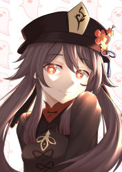 Rule 34 | 1girl, :d, absurdres, ayayayume, brown hair, chinese clothes, close-up, commentary request, flower, genshin impact, ghost print, hair between eyes, hat, hat flower, hat ornament, highres, hu tao (genshin impact), long hair, long sleeves, looking at viewer, open mouth, orange eyes, sidelocks, simple background, smile, solo, symbol-shaped pupils, twintails