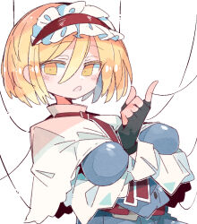 Rule 34 | 1girl, alice margatroid, black gloves, blonde hair, blue dress, blush, breasts, capelet, dress, fingerless gloves, frilled hairband, frills, gloves, hair between eyes, hairband, lolita hairband, long sleeves, looking at viewer, massakasama, medium breasts, open mouth, red hairband, short hair, simple background, solo, touhou, upper body, white background, white capelet, yellow eyes