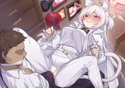 Rule 34 | 1boy, 1girl, akira (blue archive), animal ears, blue archive, blush, breasts, bulge, cat tail, crotch cutout, erection, erection under clothes, halo, heart, highres, large breasts, no eyes, pants, red eyes, shennai misha, tail, teacher, thong, undressing, white hair, white pants