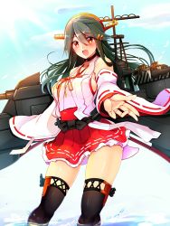 Rule 34 | 10s, 1girl, :d, bad id, bad nicoseiga id, black hair, black thighhighs, blue sky, blush, breasts, brown eyes, choker, cloud, cloudy sky, collarbone, day, detached sleeves, hair between eyes, hair ornament, hairband, hairclip, haruna (kancolle), headgear, heart lock (kantai collection), highres, jewelry, kantai collection, large breasts, looking at viewer, machinery, nontraditional miko, open mouth, outdoors, outstretched arm, partially submerged, pleated skirt, reaching, red skirt, revision, ribbon-trimmed sleeves, ribbon trim, rigging, ring, sash, sideboob, skirt, sky, smile, solo, standing, thighhighs, thighs, tsukui kachou, turret, wading, wedding band, zettai ryouiki