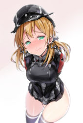 Rule 34 | 1girl, absurdres, anchor hair ornament, black skirt, black thighhighs, blonde hair, blush, breasts, bulbonne, closed mouth, commentary request, covering privates, covering crotch, cross, gradient background, green eyes, hair ornament, hat, have to pee, highres, iron cross, kantai collection, large breasts, leaning forward, long hair, long sleeves, looking at viewer, low twintails, microskirt, military, military hat, military uniform, nose blush, peaked cap, pleated skirt, prinz eugen (kancolle), simple background, skirt, solo, standing, sweat, tearing up, thighhighs, thighs, twintails, uniform, wavy mouth