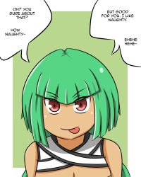 Rule 34 | 1girl, :p, dark-skinned female, dark skin, emerald sustrai, english text, green background, green hair, highres, lunarisaileron, naughty face, no nose, outside border, poorly drawn, red eyes, rwby, short hair, simple background, solo, speech bubble, tongue, tongue out
