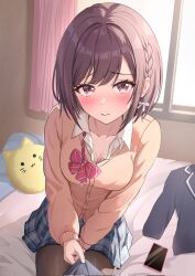 Rule 34 | 1girl, bed, bedroom, black thighhighs, blush, bow, braid, brown eyes, brown hair, cellphone, closed mouth, clothes tug, collared shirt, curtains, highres, holding, indoors, long sleeves, looking at viewer, loulis 0115, phone, pov, project sekai, school uniform, shinonome ena, shirt, short hair, skirt, solo, thighhighs, white bow, window