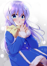 Rule 34 | 1girl, blue coat, blue eyes, blue hair, blush, bow, breath, coat, cold, commentary request, dot nose, fur-trimmed sleeves, fur trim, gochuumon wa usagi desu ka?, hair ornament, highres, kafuu chino, kiyo (yamazoe1122), light blue hair, long hair, long sleeves, looking at viewer, open mouth, own hands together, pantyhose, scarf, scarf bow, solo, winter, winter clothes, winter coat, x hair ornament, yellow scarf