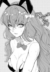 Rule 34 | 1girl, animal ears, bow, bowtie, breasts, closed mouth, detached collar, freckles, greyscale, hair bow, highres, ishmael (project moon), large breasts, limbus company, long hair, milestone celebration, monochrome, nb8c, project moon, rabbit ears, shaded face, solo, sweat, traditional bowtie, upper body, very long hair