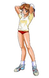 Rule 34 | 1girl, arms up, brown hair, bun cover, buruma, double bun, full body, gym uniform, hayasaka akira, headband, official art, pixel art, shoes, sneakers, solo, super real mahjong, transparent background