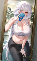 Rule 34 | 1girl, absurdres, alternate costume, azur lane, black leggings, blurry, blurry background, blush, breasts, cleavage, collarbone, commentary, covered mouth, grey hair, gym, hand on own thigh, heart, heart-shaped pupils, highres, holding, holding phone, kneeling, large breasts, leggings, looking at viewer, marseillaise (azur lane), marseillaise (fighting angel&#039;s regimen) (azur lane), mirror, navel, phone, red eyes, reflection, selfie, solo, sports bra, stomach, sweatdrop, symbol-shaped pupils, tansuan (ensj3875), white sports bra