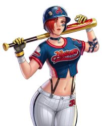 Rule 34 | 1girl, alcohol, baseball, baseball ball, baseball bat, baseball gloves, baseball helmet, baseball uniform, beer, breasts, choker, collar, helmet, looking at viewer, medium breasts, navel, open mouth, pants, red eyes, red hair, short hair, snk, solo, sportswear, suspenders, the king of fighters, thigh gap, vanessa (kof)