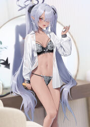 Rule 34 | 1girl, black bra, black panties, blue archive, blush, bra, breasts, breasts apart, cirilla lin, collarbone, dark-skinned female, dark skin, demon tail, feet out of frame, grey hair, hair brush, hair over one eye, halo, highres, holding, holding hair brush, indoors, iori (blue archive), linea alba, long bangs, long hair, looking at viewer, mirror, navel, one eye covered, panties, petite, pointy ears, red eyes, reflection, shirt, small breasts, solo, stomach, tail, twintails, underwear, very long hair, white shirt