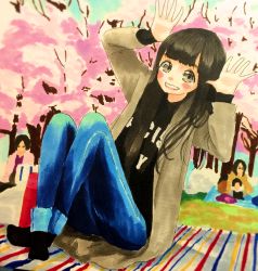 Rule 34 | 1girl, black hair, highres, kobayashi aika, long hair, sitting, smile