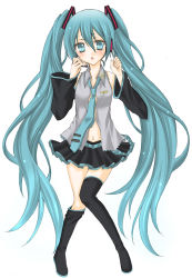 Rule 34 | 1girl, absurdres, aqua eyes, aqua hair, bad id, bad pixiv id, blush, detached sleeves, female focus, full body, hatsune miku, headset, highres, legs, long hair, mikan (artist), navel, necktie, simple background, skirt, solo, thighhighs, twintails, very long hair, vocaloid, white background