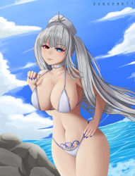 Rule 34 | 1girl, absurdres, adjusting clothes, adjusting swimsuit, areola slip, artist name, bikini, blue eyes, blue nails, blunt bangs, blush, breasts, choker, cleavage, clock, clock eyes, collarbone, cowboy shot, date a live, date a live: date a bullet, day, grey hair, hand on own hip, hat, heart, heart choker, heterochromia, highres, large breasts, long hair, looking at viewer, military hat, nail polish, navel, ocean, outdoors, parted lips, pubic tattoo, red eyes, rock, sideboob, sidelocks, solo, string bikini, swimsuit, symbol-shaped pupils, tattoo, thick thighs, thighs, twintails, very long hair, water, wavy hair, white bikini, white choker, white hat, white queen (date a live), zedxbr