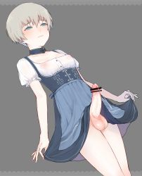 Rule 34 | 10s, 1futa, apron, bar censor, blonde hair, blue eyes, blue skirt, blush, breasts, bulge, censored, choker, closed mouth, clothes lift, collarbone, commentary request, covered erect nipples, cross, cross print, cum, cumdrip, dirndl, dutch angle, embarrassed, erection, erection under clothes, frilled sleeves, frills, from below, frown, futanari, german clothes, grey background, half-closed eyes, high-waist skirt, highres, iron cross, kantai collection, light frown, looking down, male focus, penis, puffy short sleeves, puffy sleeves, shirt, short hair, short sleeves, simple background, skirt, skirt hold, skirt lift, small breasts, solo, standing, suspenders, testicles, thighs, thy456, veins, veiny penis, waist apron, white apron, white shirt, z1 leberecht maass (kancolle)