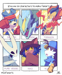 Rule 34 | blue hair, character name, claws, commentary, creature, creatures (company), digimon, digimon (creature), english commentary, english text, game freak, gaomon, gen 5 pokemon, hollow knight, hollow knight (character), kaze no klonoa, klonoa, kyurem, legendary pokemon, multiple drawing challenge, niko (oneshot), nintendo, oneshot (game), pokemon, pokemon (creature), salanchu, signature, six fanarts challenge, tagme, yellow eyes