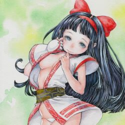 Rule 34 | 1girl, ainu clothes, black hair, blue eyes, breasts, cleavage, fingerless gloves, gloves, highres, large breasts, legs, looking at viewer, nakoruru, no bra, open clothes, panties, petite, samurai spirits, smile, snk, the king of fighters, the king of fighters xiv, thighs, traditional media, underwear